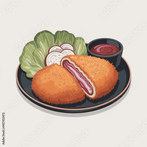 Menchi Katsu Cutlet with Cabbage and Ketchup Dip