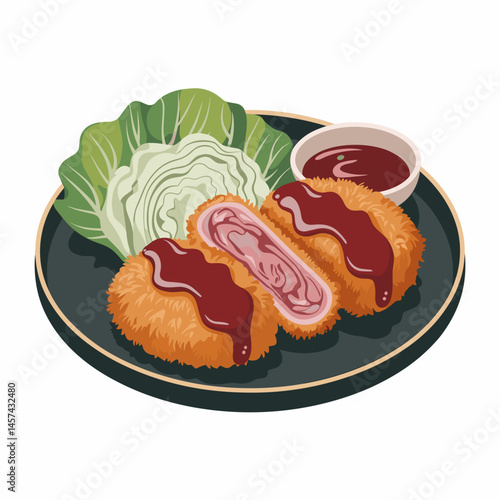 Menchi Katsu Cutlet with Cabbage and Ketchup Dip
