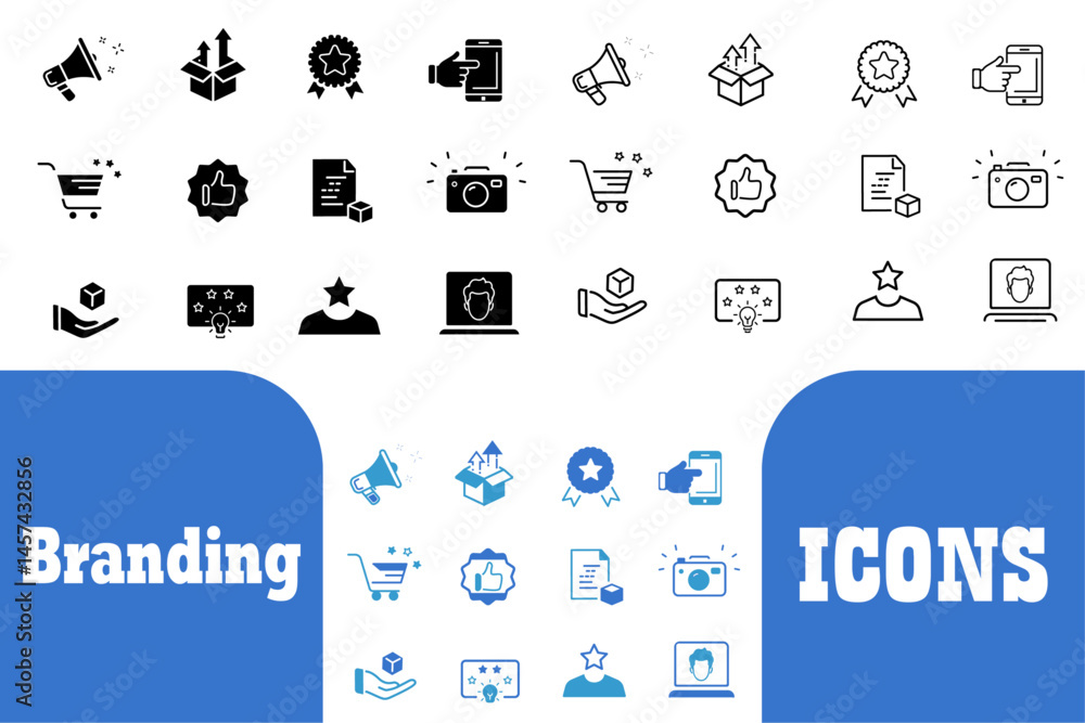 Naklejka premium Branding solid line icons collection. Vector illustration of Brand, marketing, product, positioning, employer branding icons. Isolated on white background