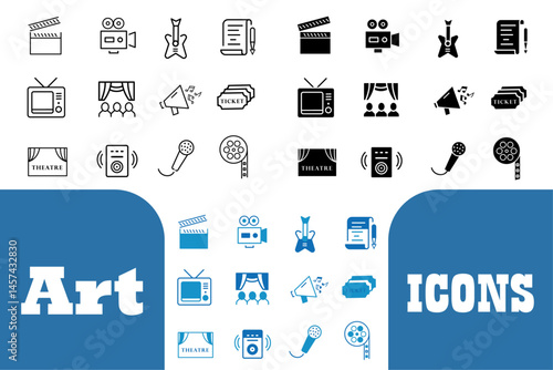 Arts solid line editable collection. Movie and Film icons. Vector illustration of  video, movie theater, 3d, VR, popcorn, ticket, director, soundtrack icons. 