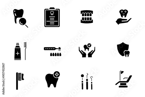 Dental black solid editable icons set. Vector illustration of Dentist, Dental, Tooth, dentistry, dental supplies, oral care, patient icons.