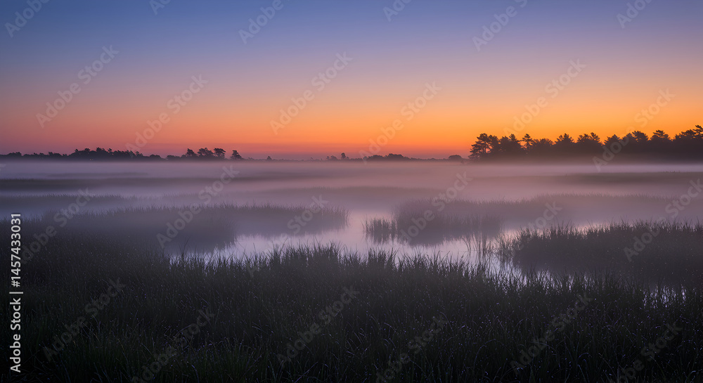 Fototapeta premium Serene Marshland Under Misty Dawn Light With Pastel Skies And Grassy Plains