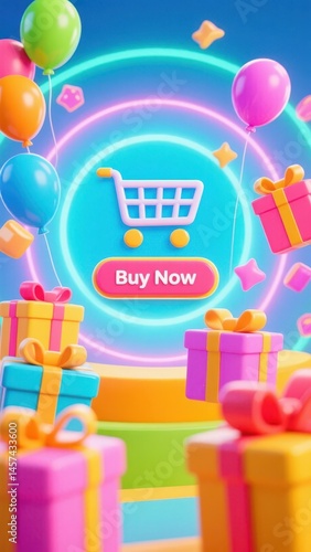 Colorful balloons float above a vibrant display filled with gift boxes in various hues. The bright, playful design emphasizes a buy now option, inviting viewers to explore shopping possibilities