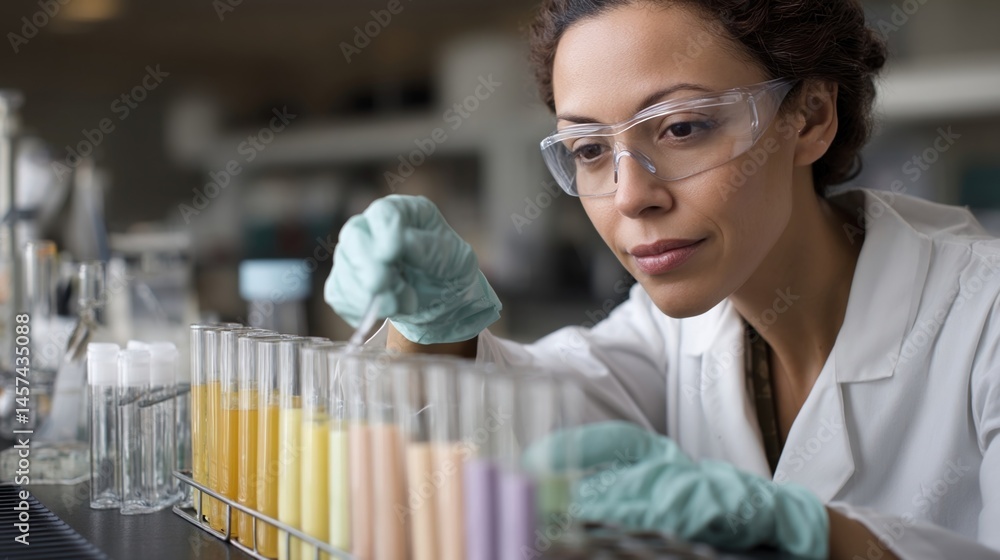 A scientist in a laboratory wearing goggles and gloves analyzing samples with test tubes and lab equipment neatly arranged on a countertop.