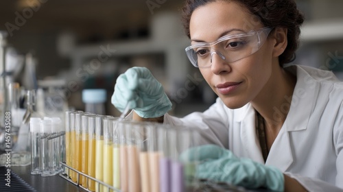 Obraz na płótnie A scientist in a laboratory wearing goggles and gloves analyzing samples with test tubes and lab equipment neatly arranged on a countertop. w salonie
