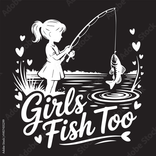 Cute Girls Fishing Illustration with Fish Catch and Heart Design for Outdoor Recreation, Youth Activities, and Female Angler Inspiration