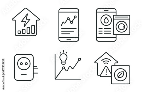 Line style icons of smart home monitoring: energy dashboard, usage tracking screen, water meter app, appliance usage log, smart plug icon, light automation chart, sensor alert, eco score panel.