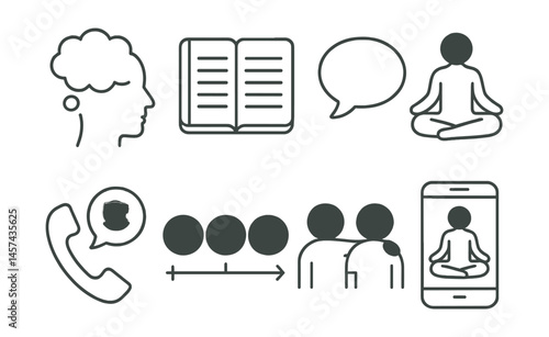 Line style icons of teen mental health: thought cloud, journal notebook, talk bubble, mindfulness pose, support hotline, emotion scale, peer support icon, guided meditation app.