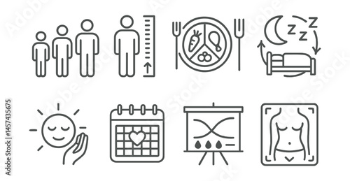Line style icons of teen preventive care: health check calendar, dental appointment card, vision test chart, vaccine symbol, hand washing icon, sanitary kit, daily hygiene items, health log.