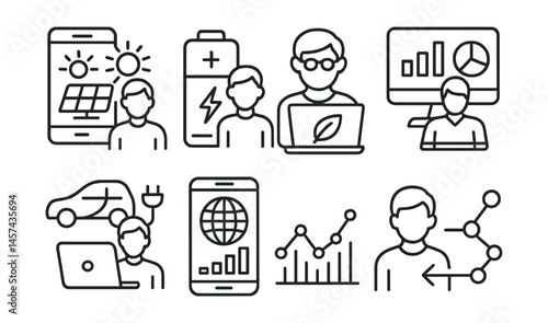 Line style icons of clean tech developers: solar app interface, battery innovator, green software engineer, energy dashboard creator, mobility tech coder, carbon tracking tools, data stream graph,