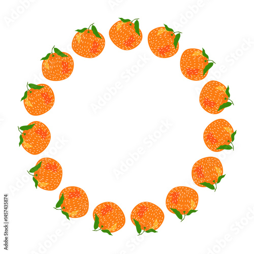 Tangerine frame. Round seasonal Orange fruit border. Tangerine isolated frame with copy space. Summer tropical background. For poster, banner, cover, invitation For text, save date, photo