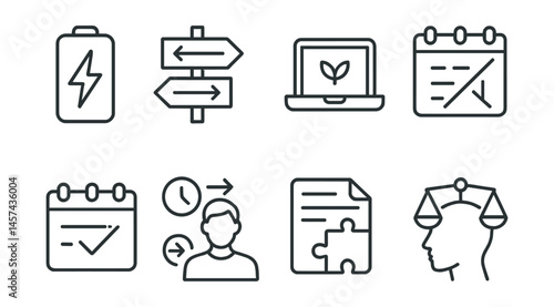 Line style icons of burnout prevention: energy check-in, realistic workload sign, digital detox break, no-meeting block, time-off calendar, early log-off icon, support plan, mental load scale.