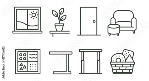 Line style icons of mindful workspace design: natural light window, plant on desk, quiet room door, soft seating area, sensory wall panel, movement desk, standing option, comfort tools basket.
