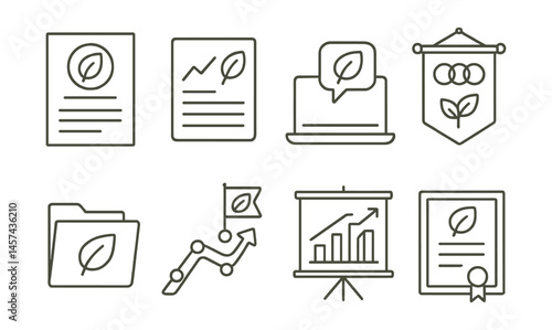 Line style icons of company-wide eco policies: green mission poster, sustainability report icon, staff eco feedback, company values banner, eco onboarding file, climate action roadmap, annual impact