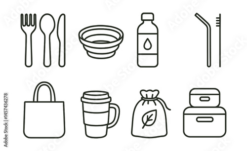 Line style icons of travel with reusable gear: bamboo cutlery, collapsible bowl, refill water bottle, reusable straw icon, cloth shopping bag, travel mug, zero-waste kit pouch, packing cubes.