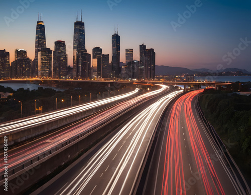 The motion blur of a busy urban highway during the evening rush hour. The city skyline serves as the background