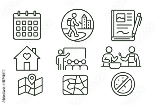 Line style icons of travel slow and deep: long-stay calendar, walk the city badge, stay with locals home, journal your trip icon, learn the culture class, cooking with locals, street-level map, no