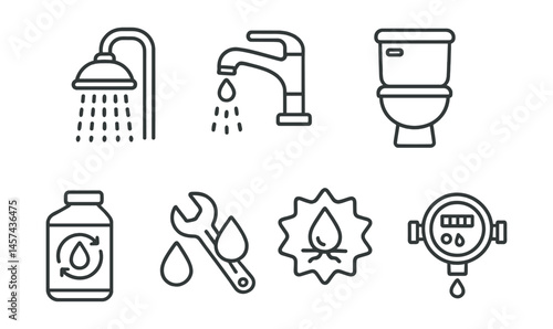 Line style icons of water-saving routines: low-flow showerhead, aerated tap, short wash sign, dual flush icon, water reuse container, leak fix wrench, drought alert badge, water meter.