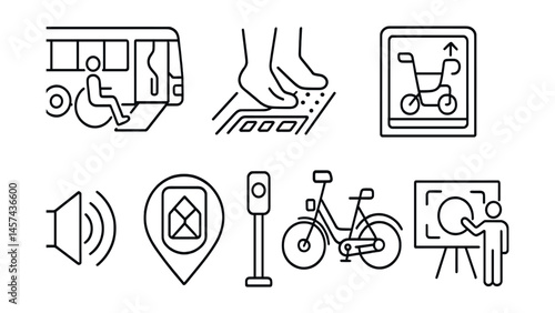 Line style icons of inclusive mobility access: wheelchair-friendly bus ramp, tactile platform guide, large font map icon, stroller lift symbol, voice announcement speaker, assistance request post,