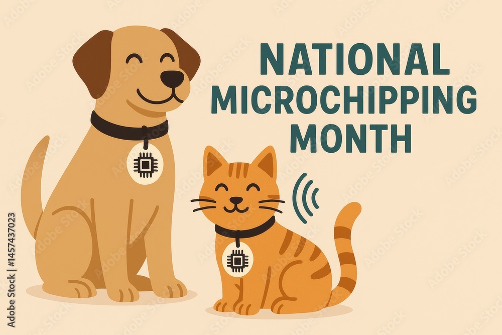 Naklejka premium Celebration of National Microchipping Month with happy dog and cat showcasing pet safety in a nurturing environment