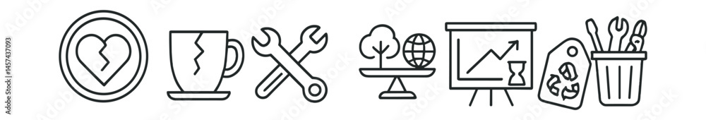 Line style icons of repair vs replace mindset: fix instead of toss badge, cracked object icon, repair symbol, cost comparison chart, environmental impact scale, time vs value board, reuse first label Line style icons of repair vs replace mindset: fix instead of toss badge, cracked object icon, repair symbol, cost comparison chart, environmental impact scale, time vs value board, reuse first label