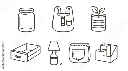 Line style icons of reuse and upcycle ideas: glass jar for storage, fabric bag from shirt, tin can planter, drawer from old crate, bottle turned lamp, denim patch pouch, shoe box storage, cardboard
