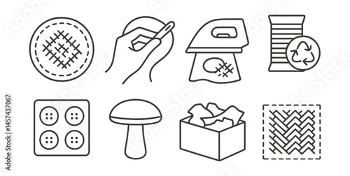 Line style icons of clothing repair and reuse: visible mending badge, hand stitching icon, hole patch iron-on, recycled thread spool, button kit, darning mushroom, fabric scrap box, stitch pattern