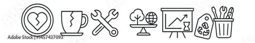 Line style icons of repair vs replace mindset: fix instead of toss badge, cracked object icon, repair symbol, cost comparison chart, environmental impact scale, time vs value board, reuse first label