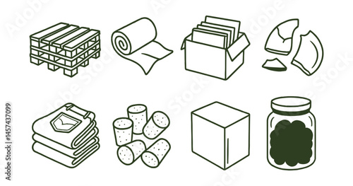 Line style icons of creative reuse materials: pallet wood stack, fabric scrap roll, used tile box, broken ceramic pieces, old denim pile, cork stash, paperboard folder, mixed buttons jar.