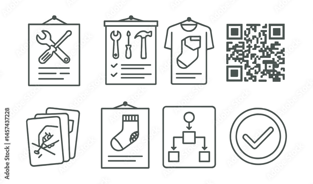 Line style icons of visual communication for repair: poster with fix info, wall chart of common repairs, guide on wall, QR code for tutorial, illustrated step cards, visible mending poster, repair Line style icons of visual communication for repair: poster with fix info, wall chart of common repairs, guide on wall, QR code for tutorial, illustrated step cards, visible mending poster, repair