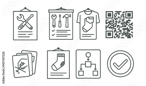 Line style icons of visual communication for repair: poster with fix info, wall chart of common repairs, guide on wall, QR code for tutorial, illustrated step cards, visible mending poster, repair