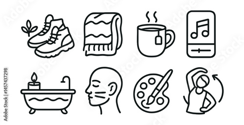 Line style icons of stress relief routines: walk in nature shoes, cozy blanket icon, soothing tea mug, quiet playlist app, bath with candle icon, relax breath card, art time badge, slow movement