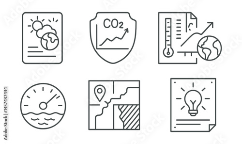 Line style icons of student climate literacy: climate facts card, CO2 graph badge, carbon footprint chart, ice core sample sheet, global warming timeline, sea level gauge, adaptation zone map,