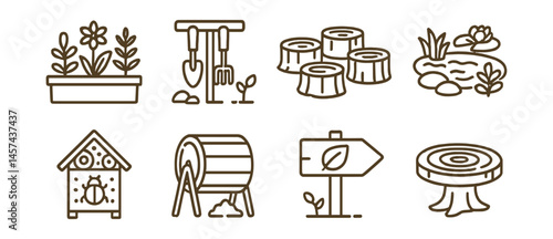 Line style icons of outdoor eco education spaces: native plant bed, garden tool rack, log seating circle, mini pond zone, bug hotel icon, compost barrel, eco class signpost, tree ring table.