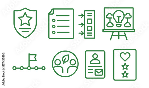Line style icons of student eco leadership: green captain badge, meeting agenda sheet, action plan poster, idea brainstorm board, initiative timeline icon, shared leadership pin, outreach form, team
