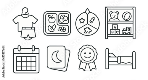 Line style icons of child-led routines: choose outfit icon, self-serve snack tray, activity pick wheel, toy rotation shelf, child’s calendar, flexible nap card, preference badge, rest when needed