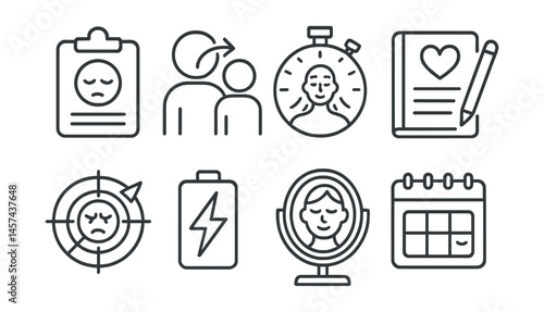 Line style icons of parent emotional awareness: self-check card, regulate before respond icon, deep breath timer, journal for parent, emotion radar sheet, recharge reminder, mirror moment symbol,