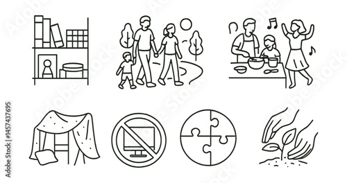 Line style icons of screen-free family time: board game shelf, family nature walk, cooking together board, music dance moment, fort building icon, unplug evening badge, puzzle circle, garden hands