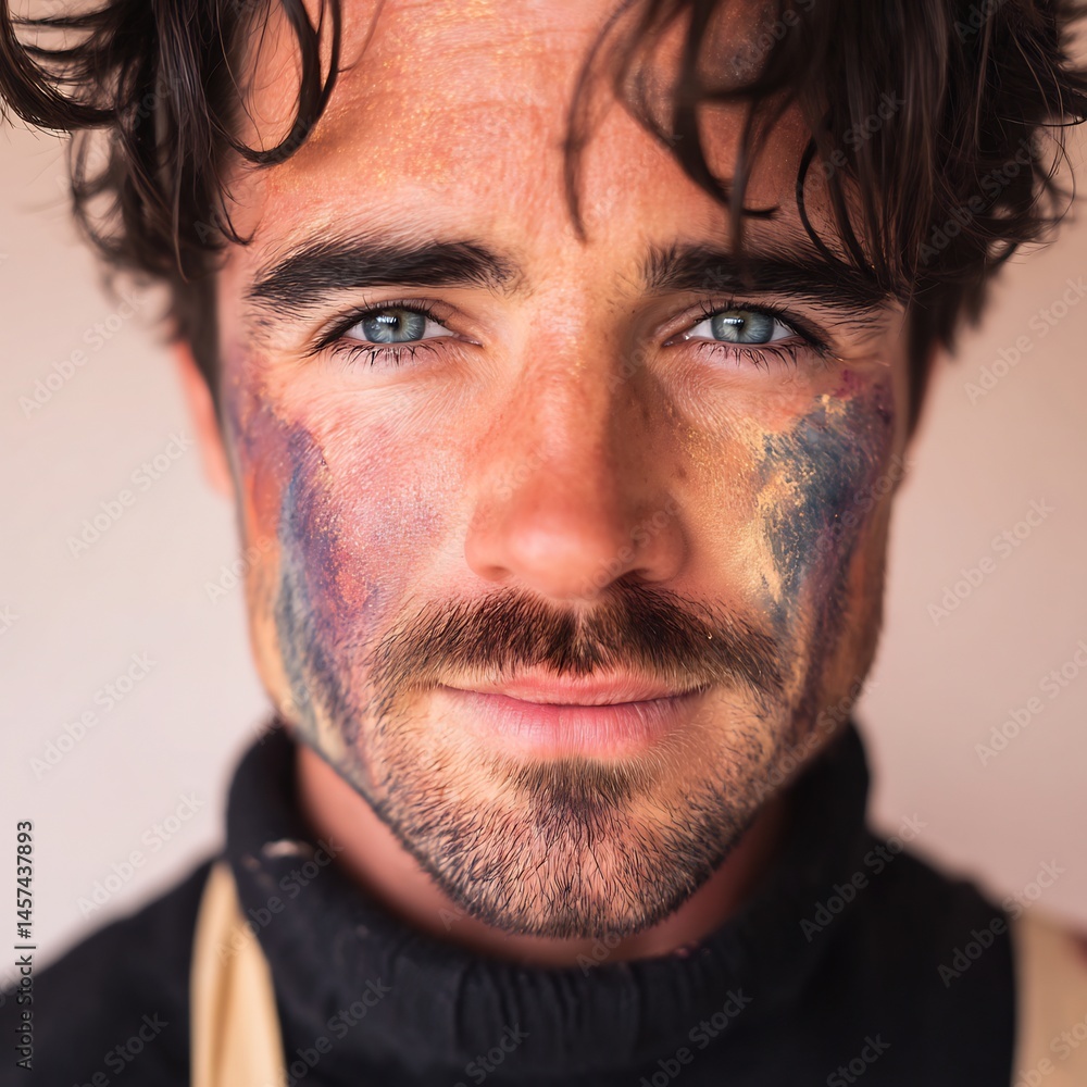 Fototapeta premium artistic portrait of man with paint on face, soft pastel background