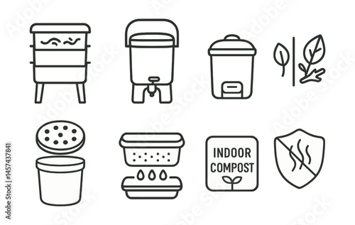 Line style icons of balcony composting options: worm bin icon, bokashi bucket, mini compost caddy, brown-green mix guide, aeration lid, drainage tray, indoor compost label, smell shield icon.