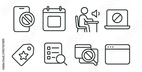 Line style icons of focused digital habits: distraction blocker app, calendar block icon, silent workspace, one-device rule symbol, content filter tag, intentional watchlist, no-multitask warning,