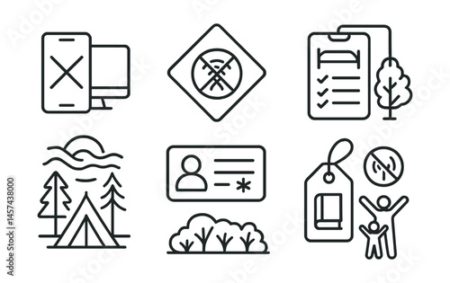 Line style icons of digital sabbatical planning: screen-free weekend icon, off-grid badge, digital-free day plan, rest & reset poster, nature time over net, emergency contact card, book instead tag,