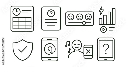 Line style icons of digital self-awareness: time-use log, “why I use this” card, digital mood bar, energy + media chart, app reflection badge, scroll impulse tracker, device-free joy icon, tech
