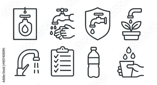 Line style icons of water-saving habits in schools: faucet off poster, quick handwash sign, leak report badge, reuse water for plants, low-flow tap icon, water-saving checklist, “one bottle” habit,
