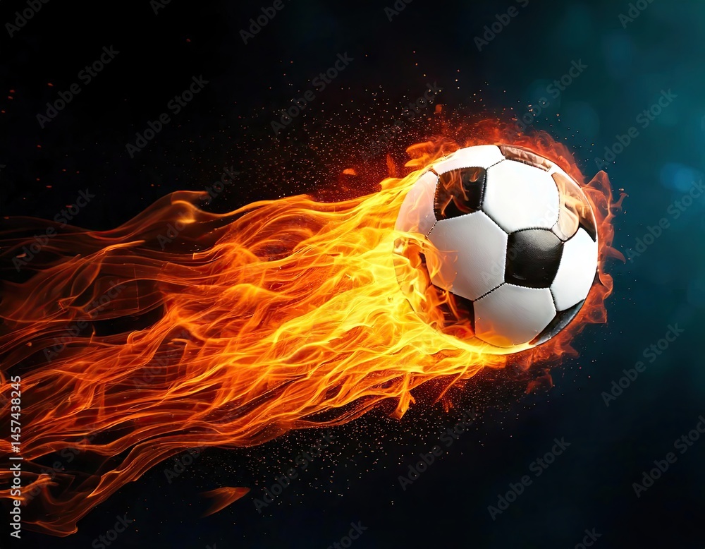 Naklejka premium an soccer or football on fire flying through the air