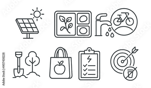 Line style icons of climate solutions toolkit: solar panel icon, plant-based meal tray, water-saving faucet, bike commuting badge, tree planting shovel, local shopping bag, energy audit checklist,