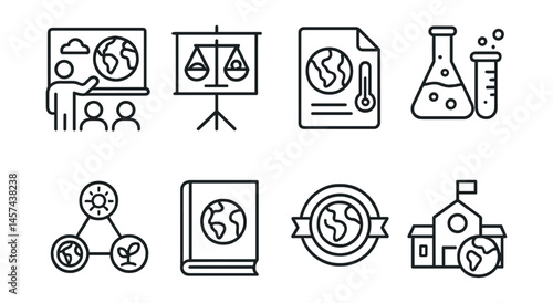 Line style icons of climate education in school: science lesson icon, climate justice board, curriculum page corner, lab and data link, subject connection chart, teacher guidebook, project-based