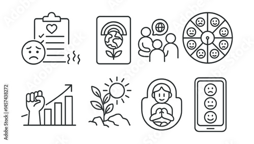 Line style icons of youth climate emotions: climate anxiety tracker, hope journal card, peer support group, emotion wheel with icons, action as antidote chart, build resilience poster, breath and act