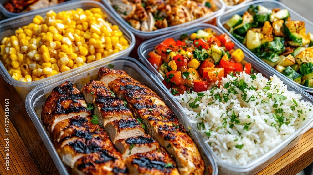 Obraz premium Grilled chicken meal prep with rice and vegetables