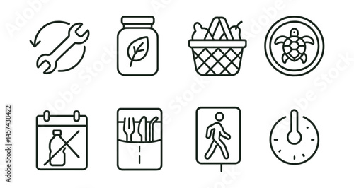 Line style icons of sustainable slow habits: repair instead of replace symbol, eco refill jar, low-waste shopping basket, slow shipping badge, plastic-free day icon, reusables pack, walk instead of
